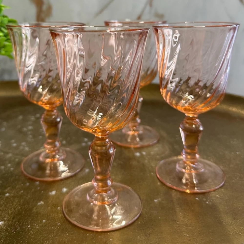 Vintage Arcoroc Rosaline Pink Swirl Wine Water Stem Glasses